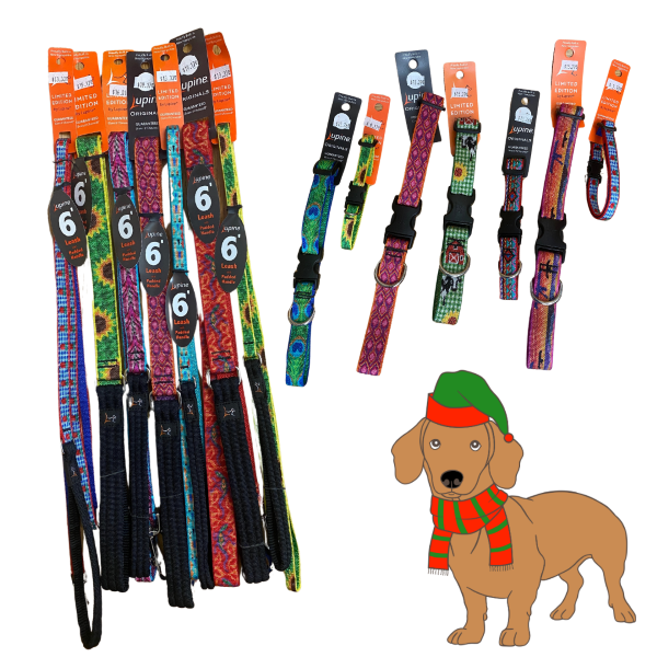 Dog leashes and collars variety of sizes and prints 1