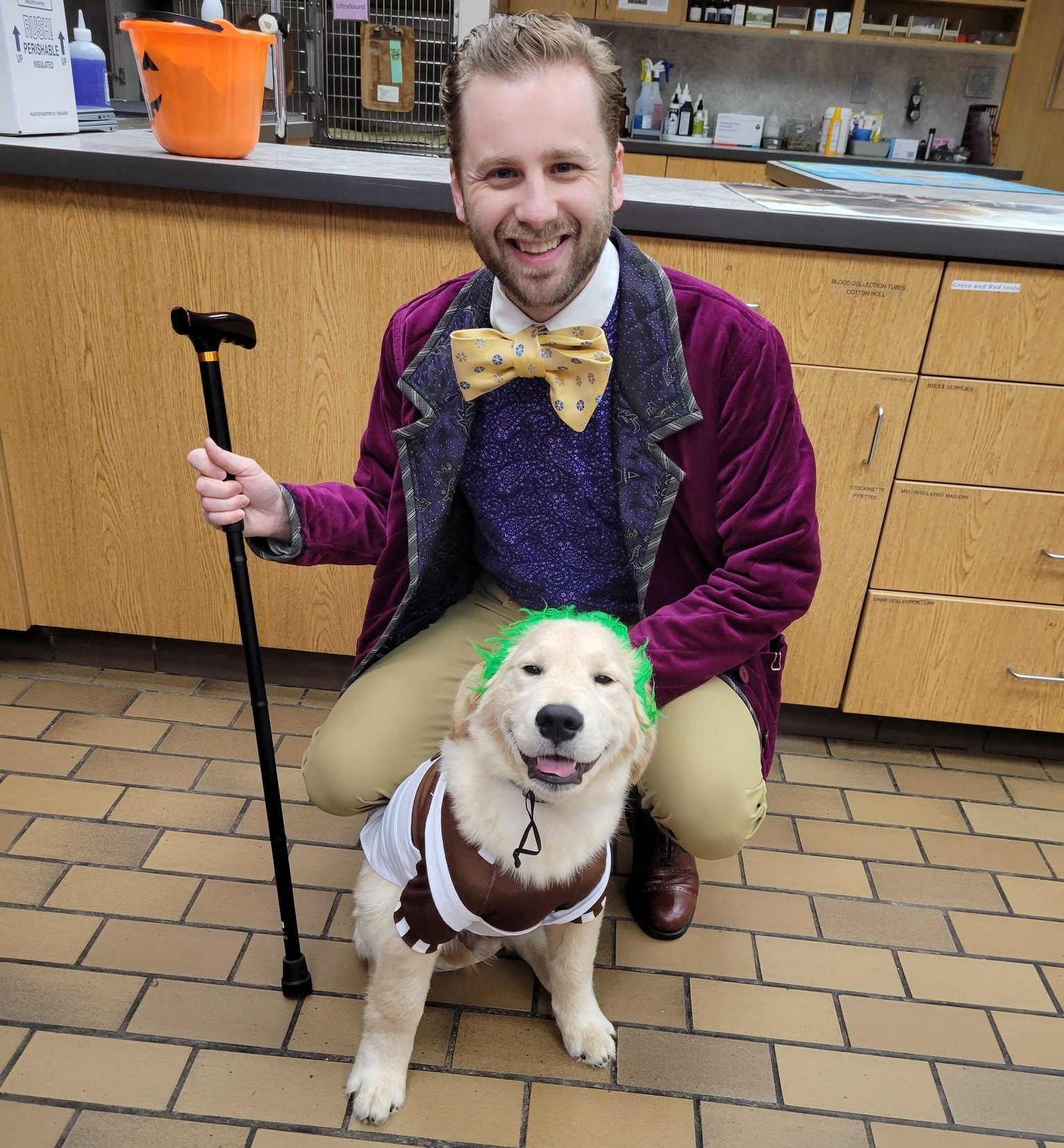 Dr. C. Siegle and Cassius as Willy Wonka and an Oompa Loompa