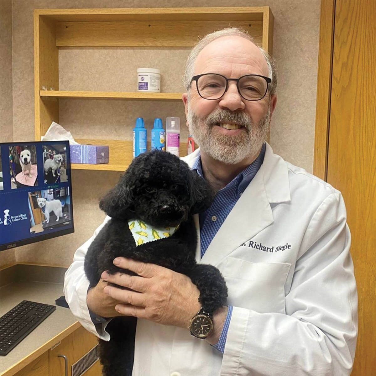 Male Vet Holding Black Puppy